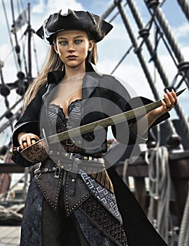 Portrait of a female pirate mercenary standing on the deck of her ship armed and ready for battle.