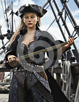 Portrait of a female pirate mercenary standing on the deck of her ship armed and ready for battle. photo