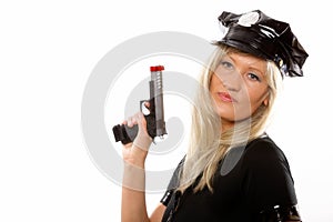 Portrait female police with gun isolated