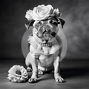Portrait of a female pug wearing a flower-shaped hat. There is a necklace on the neck instead of a collar. Generative AI