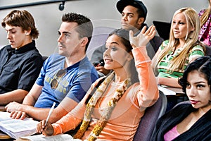Portrait of Female student raising hand during class lecture