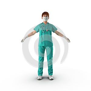 Portrait of female surgeon or nurse wearing protective uniform, isolated on white. 3D illustration