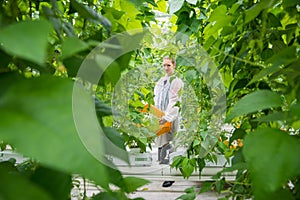 Portrait of female worker carrying crate while standing amidst g