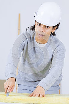 portrait female worker cutting insulation