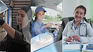 portrait of female workers, baker in uniform uses the oven, courier in cap holds a clipboard in car, doctor in white