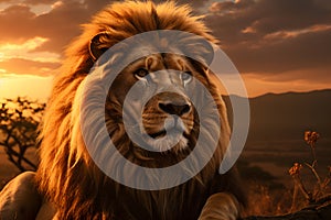 Portrait of large male lion king in African savannah