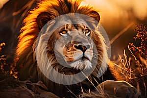 Portrait of large male lion king in African savannah