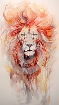 Portrait of a fiery lion painted in watercolor.