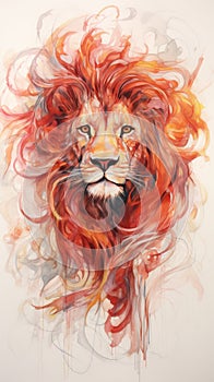 Portrait of a fiery lion painted in watercolor.