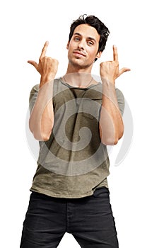 Portrait, finger gun and man with fashion, expression and guy isolated on a white studio background. Cool, person and