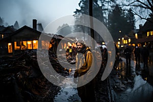 Portrait of a firefighter on the background of a fire. A rocket attack on the civilian population during the war.