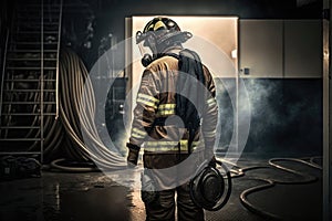 Portrait Firefighter man wearing protective fire suite and helmet with equipment. AI Generation