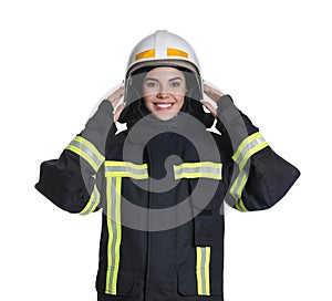 Portrait of firefighter in uniform and helmet on white background