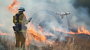 Portrait of firefighter wearing gear and using drone to explore the area. AIG42.
