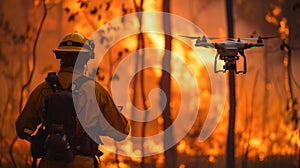 Portrait of firefighter wearing gear and using drone to explore the area. AIG42.