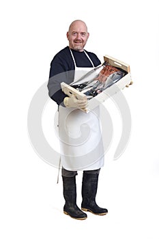 portrait of a fishmonger on white background