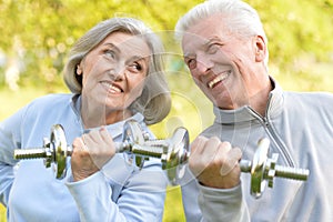 Portrait of fit senior couple exercising in park