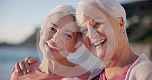 Portrait, fitness and elderly women on the beach together as friends for a workout by the ocean or sea. Exercise