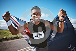 Portrait, fitness and flag of New Zealand with a man runner on a road for motivation or success at a race. Winner