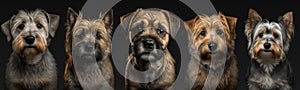 Portrait of five small Terrier dogs on black background made with Generative AI.