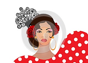 Portrait of flamenco woman, beautiful girl, Spanish style. Latin Lady wearing folk accessories ethnic comb, peineta, red rose