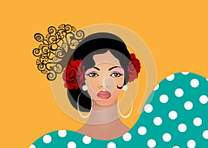 Portrait of flamenco woman, beautiful girl, Spanish style. Latin Lady wearing folk accessories ethnic comb, peineta, red rose