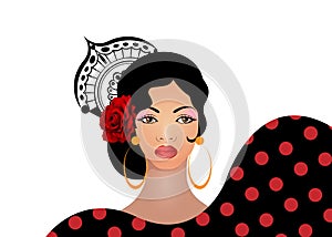 Portrait of flamenco woman, beautiful girl, Spanish style. Latin Lady wearing folk accessories peineta, red rose flower