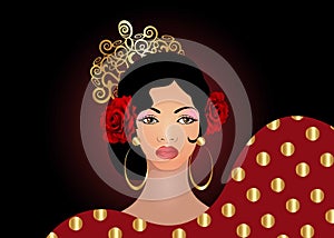 Portrait of flamenco woman, beautiful girl, Spanish style. Latin Lady wearing folk gold accessories ethnic comb, peineta, red rose