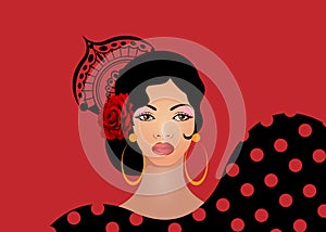 Portrait of flamenco woman, beautiful girl, Spanish style. Latin Lady wearing folk gold accessories ethnic comb, peineta, red rose