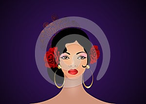 Portrait of flamenco woman beautiful girl, Spanish style. Latin Lady wearing gold folk accessories peineta, golden comb, red rose