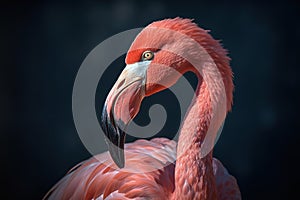 Portrait of a Flamingo on a black background. Close-up.