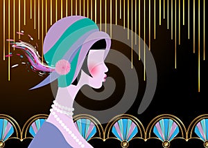 Portrait of flapper girl with hat. Art Deco, retro party, vintage woman 1920 style,  invitation template design. Vector isolated