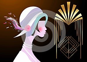 Portrait of flapper girl with hat. Art Deco, retro party, vintage woman 1920 style,  invitation template design. Vector isolated