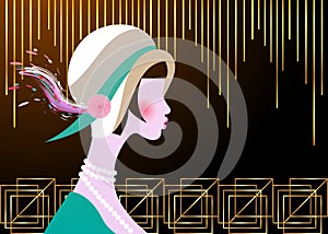 Portrait of flapper girl with hat. Art Deco, retro party, vintage woman 1920 style,  invitation template design. Vector isolated