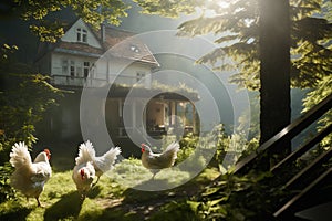 Portrait of flock of chickens on a ranch in the village, bright sunny day, rural surroundings on the background of spring