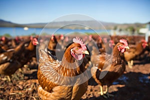 Portrait of flock of chickens on a ranch in the village, bright sunny day, rural surroundings on the background of spring