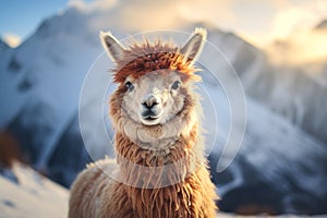 portrait of fluffy alpaca llama on a blurred background of snowy mountains on a sunny day