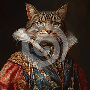 Portrait with Fluffy Cat Dressed Up as General, Tsar or Imperator. Cat in Elegant Bright Clothes. Cat as Commander in Chief