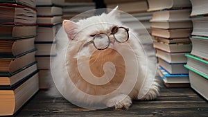 Portrait of fluffy cat in round glasses between books stacks in library. Domestic scientist kitty. Student pets, whisker