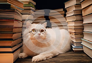 Portrait of fluffy cat in round glasses between books stacks in library. Domestic scientist kitty. Student pets, whisker