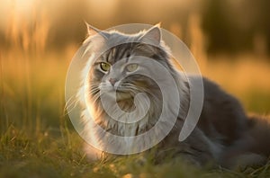 Portrait of a fluffy gray cat outdoor.