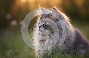 Portrait of a fluffy gray cat outdoor.