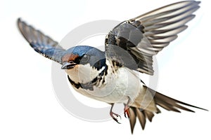Portrait of a flying swallow bird, passerine songbird, on a bright background