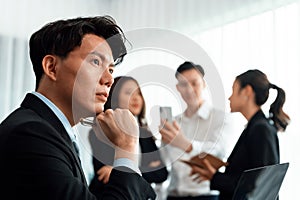 Portrait of focus successful confident male manager in harmony office.