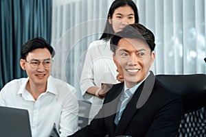 Portrait of focus successful confident male manager in harmony office.