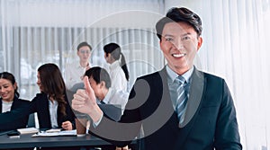 Portrait of focus successful confident male manager in harmony office.