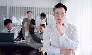 Portrait of focus successful confident male manager in harmony office.