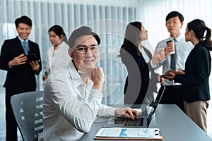 Portrait of focus successful confident male manager in harmony office.