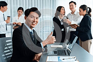 Portrait of focus successful confident male manager in harmony office.