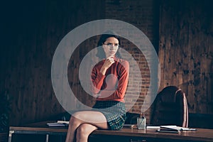 Portrait of focused pensive lady real estate agent dream dreamy thought start up touch thin brunette hair hairstyle